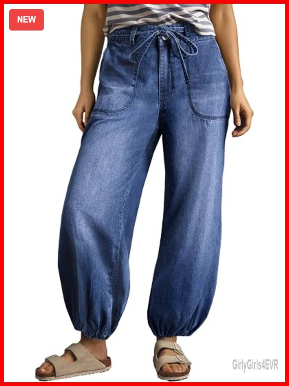 High Waisted Wide Leg Baggy Harem Ankle Jeans with Drawstring